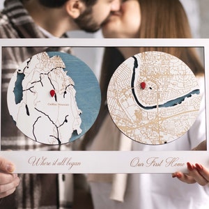 Housewarming Gift for Couple, Our First Home Wood Map Wall Art, Where it All Began/ Met Engaged Married Map, Engagement Location Map image 1