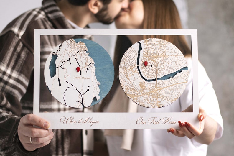 Housewarming Gift for Couple, Our First Home Wood Map Wall Art, Where it All Began/ Met Engaged Married Map, Engagement Location Map image 1