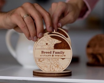 Personalized Drink Coasters, Custom Name Wood Set with Holder, Tabletop Gift