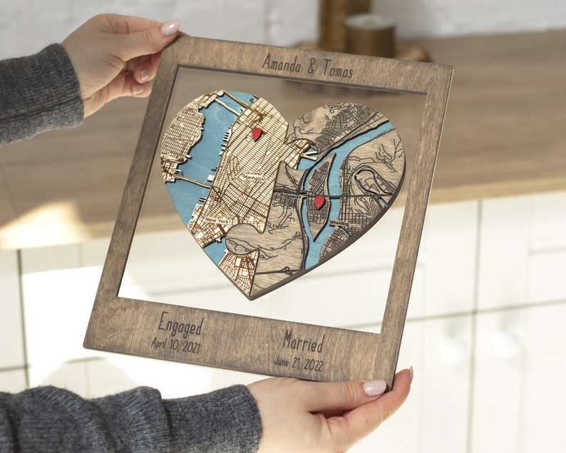 Newly Wed Gifts, Two Locations Heart Puzzle Map Wooden Framed Wall Art, Custom Wedding Shower Gift for Couple, 1st Anniversary Gift for Wife EARL GREY
