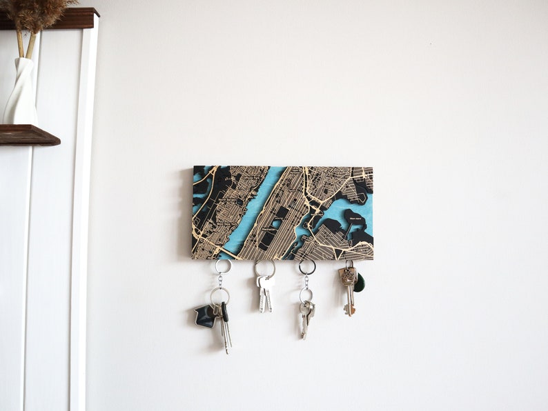 Any City Map Key Holder For Wall, Housewarming Gifts, Wooden Map Key Organizer with Magnets, Custom City Map, Paris Gifts, Key Hook for Wall image 6