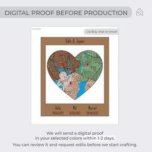 Digital proof example shows how the personalized heart puzzle map will be previewed before production, with custom names and milestone dates visible in the mockup. This image reassures buyers that their wedding keepsake can be reviewed before crafting begins.