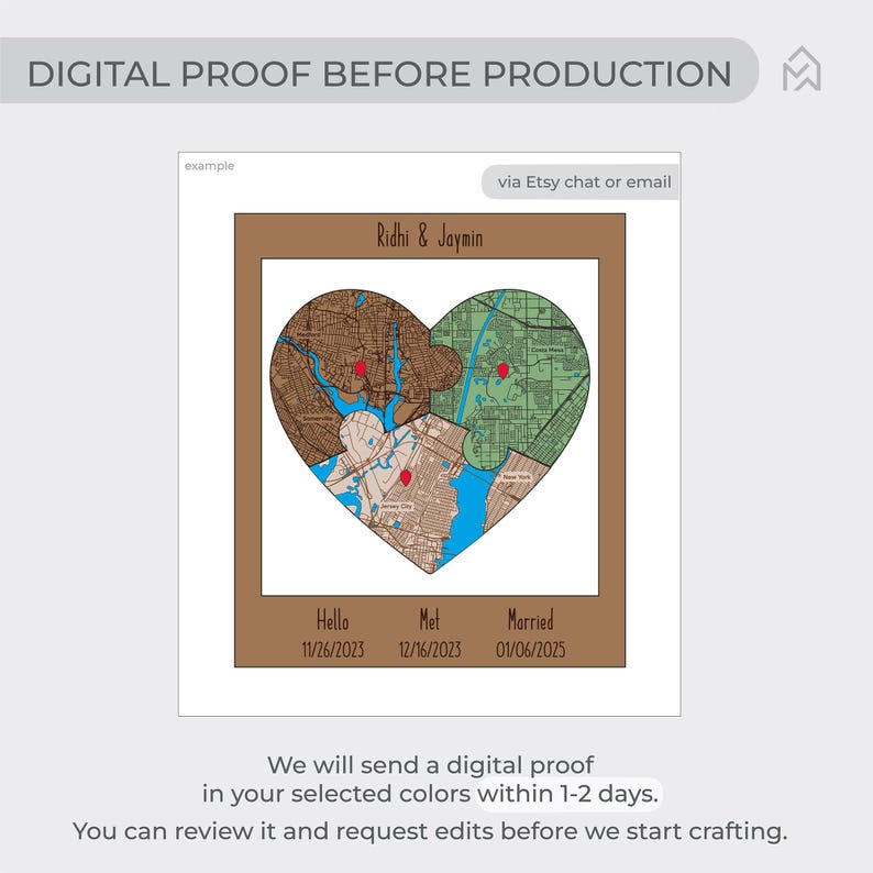 Digital proof example shows how the personalized heart puzzle map will be previewed before production, with custom names and milestone dates visible in the mockup. This image reassures buyers that their wedding keepsake can be reviewed before crafting begins.