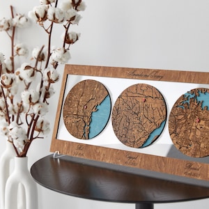 Custom Wood Map Art - Personalized Anniversary Gift - Three Location Map - Engagement, Wedding, Met