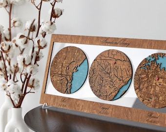 Custom Wood Map Art - Personalized Anniversary Gift - Three Location Map - Engagement, Wedding, Met