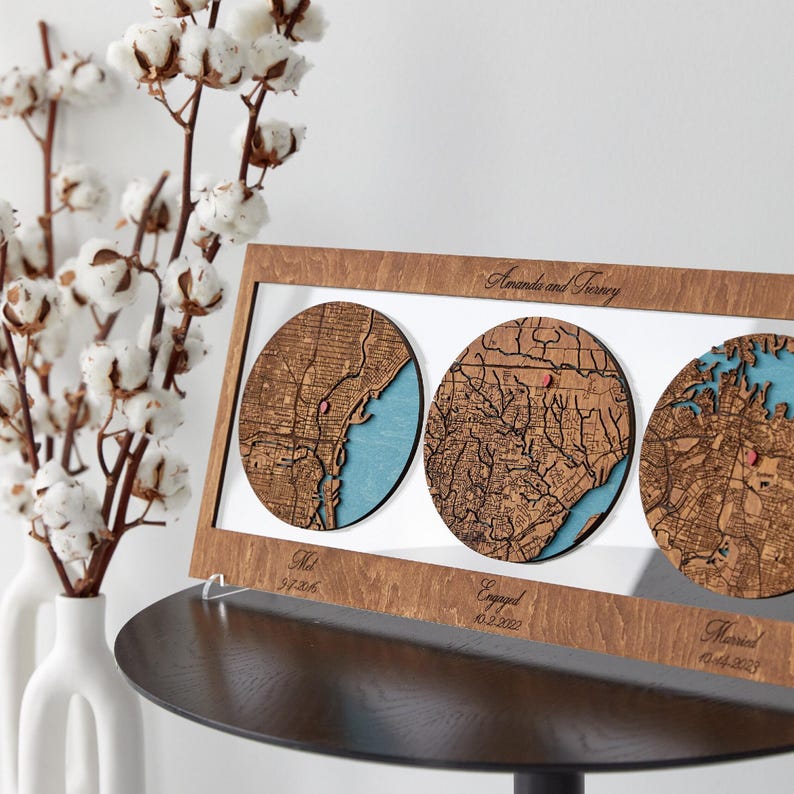 Custom Wood Map Art - Personalized Anniversary Gift - Three Location Map - Engagement, Wedding, Met