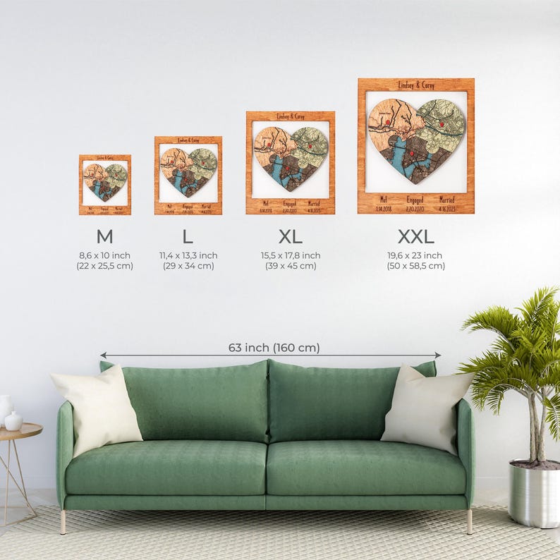 Size chart shows the framed heart puzzle keepsake in multiple dimensions above a sofa for scale comparison. This image helps buyers choose the best size for wall display in their home.