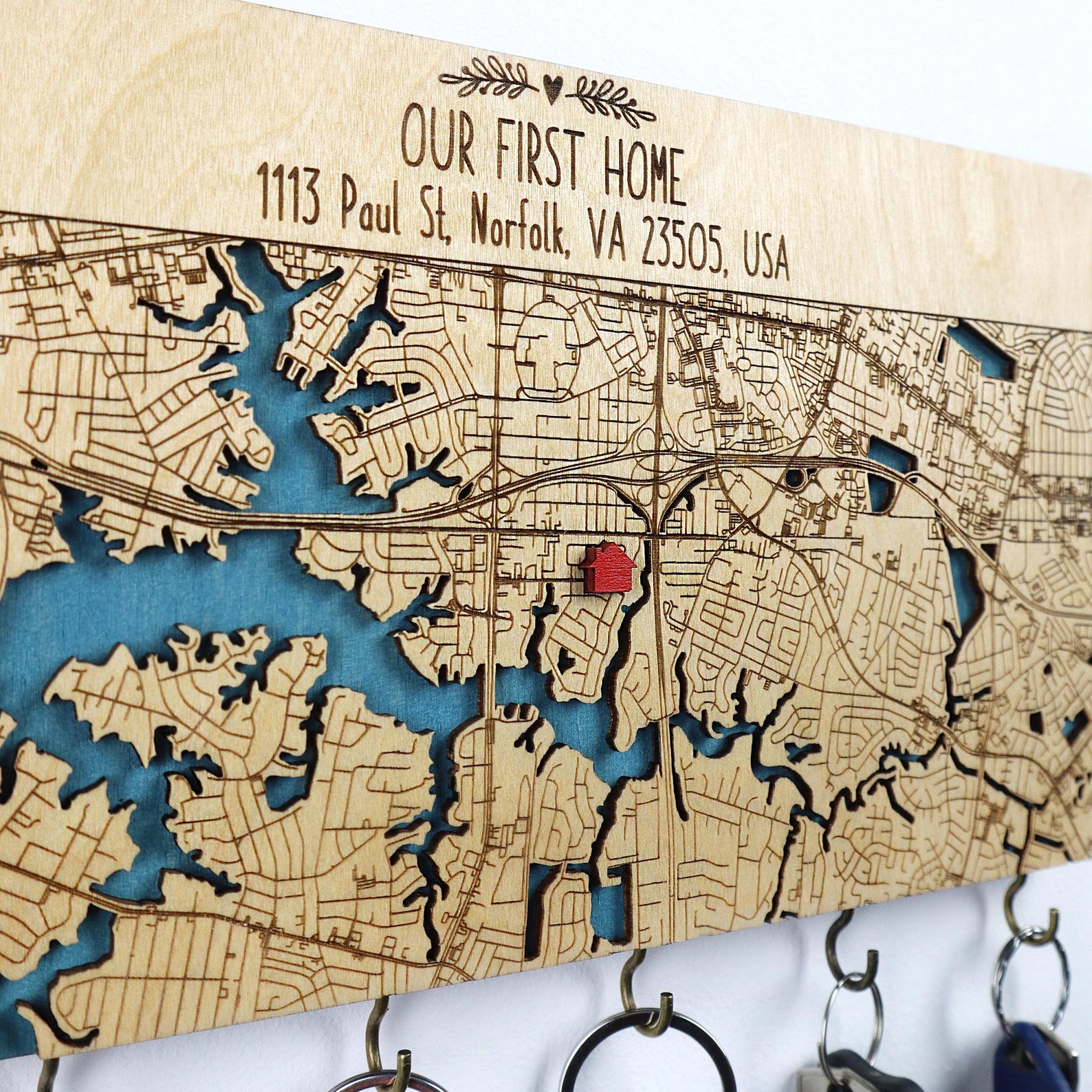 Key Holder for Wall, Personalized Wooden Map With Hooks, New Home Gift ...