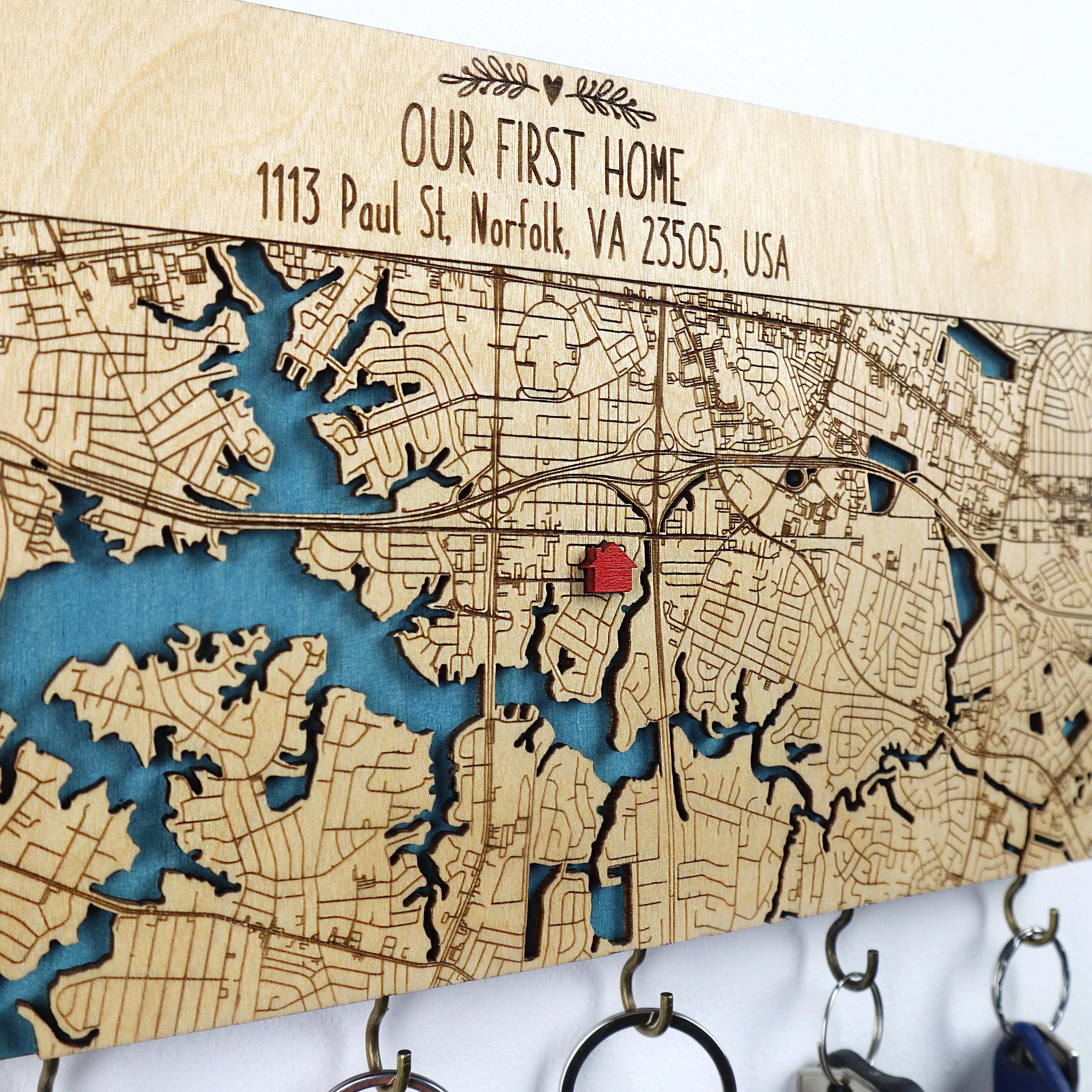 Key Holder for Wall, Personalized Wooden Map With Hooks, New Home Gift ...