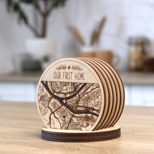 Map Location Custom Wood Coasters, Personalized Engraved Wood Coasters Set, Housewarming Gift First Home, Custom Coordinates Map Coasters Set of 6