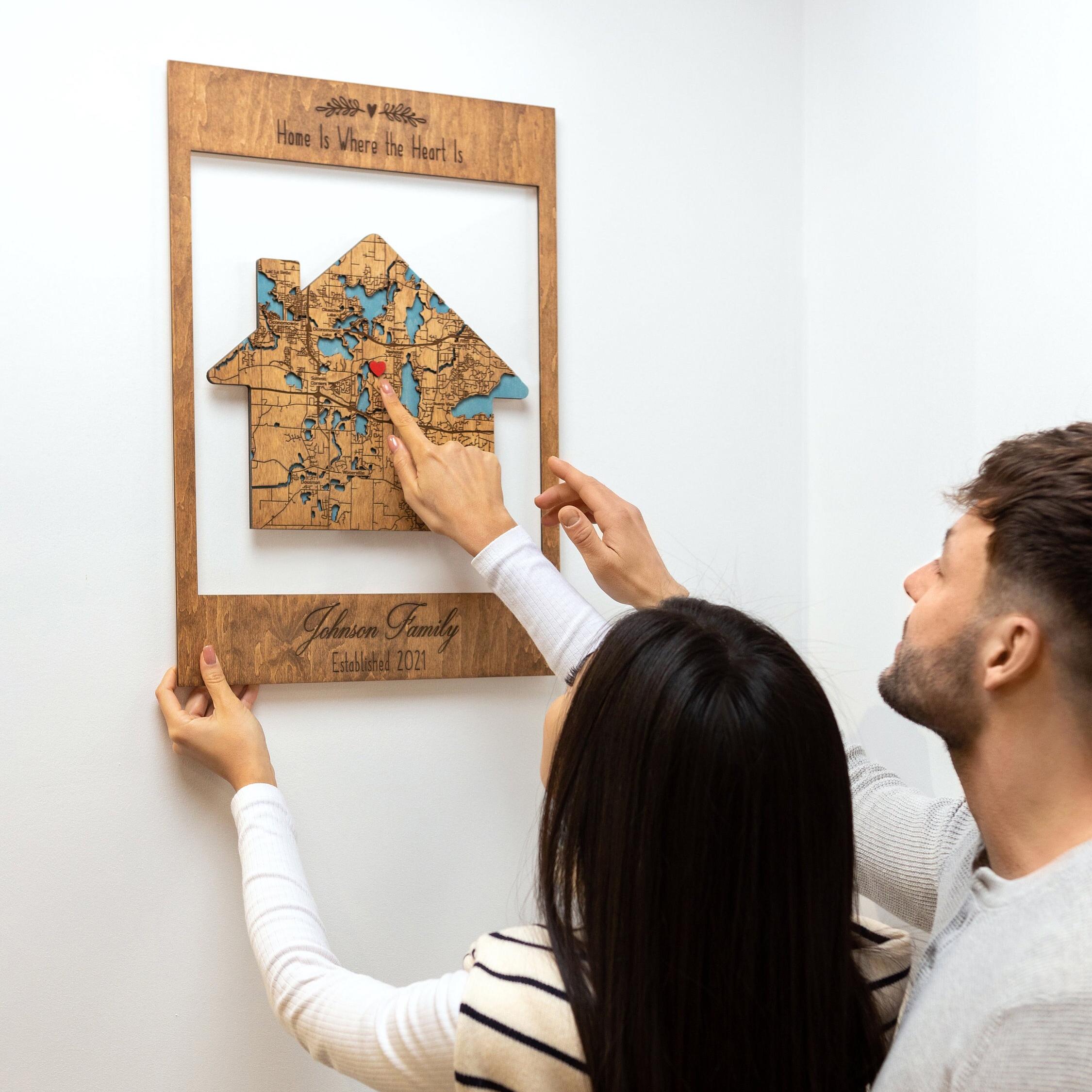 Personalized Framed Wood Map Wall Art, New Home Gift, Our First Home Map, Engagement Gifts for Friends, Apartment Shelf Decor, Couples Gift