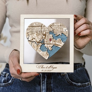 Where It All Began/Where We Met Map, Location Map Wooden Framed Wall Art, Custom Wedding Anniversary Gifts for Couple, Valentines Day Gifts 1 heart map