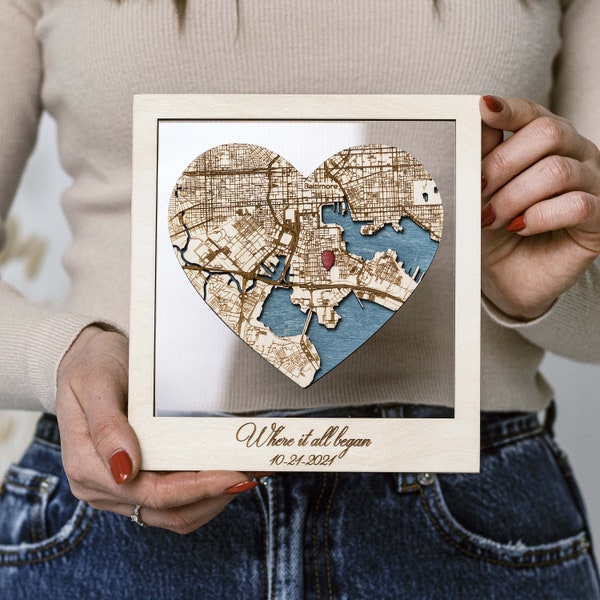 Where It All Began, Couples Wooden Map, Framed Location Heart, 5th Anniversary Gift