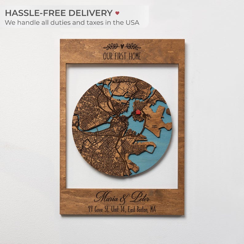 Personalized Our First Home wood map with a round layered city map and red house marker, shown with custom names and move-in date as a housewarming gift with hassle-free USA delivery.