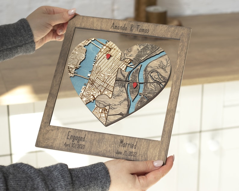 First Annniversary Gift for Couple, Two Locations Heart Puzzle Map Wooden Wall Art, Newly Wed Gifts, Custom Wood Location Map, Wedding Gift EARL GREY