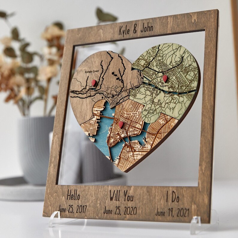 Personalized Puzzle Map - 5th Wedding Anniversary Couples Gift, Custom Locations Framed Wood Wall Art image 11