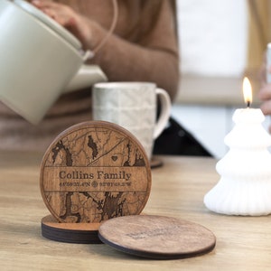 Map Location Custom Wood Coasters, Personalized Engraved Wood Coasters Set, Housewarming Gift First Home, Custom Coordinates Map Coasters image 7