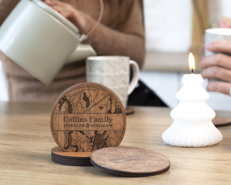 Map Location Custom Wood Coasters, Personalized Engraved Wood Coasters Set, Housewarming Gift First Home, Custom Coordinates Map Coasters image 7