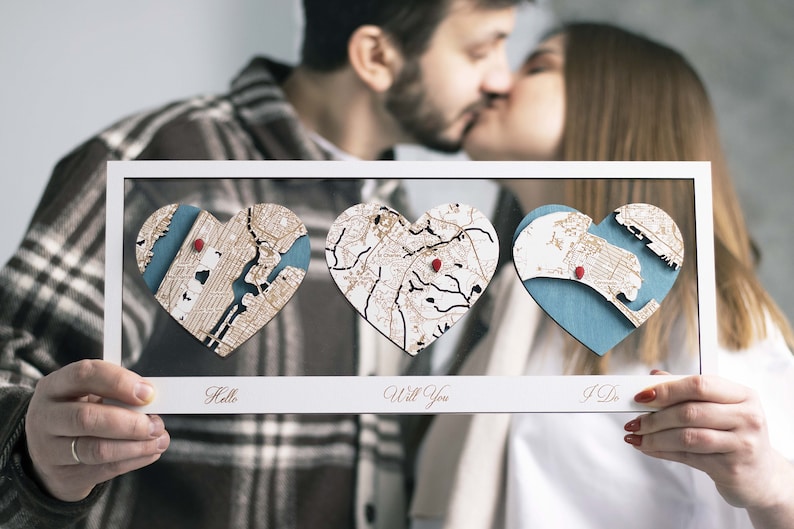 Where It All Began/Where We Met Map, Location Map Wooden Framed Wall Art, Custom Wedding Anniversary Gifts for Couple, Valentines Day Gifts 3 hearts map