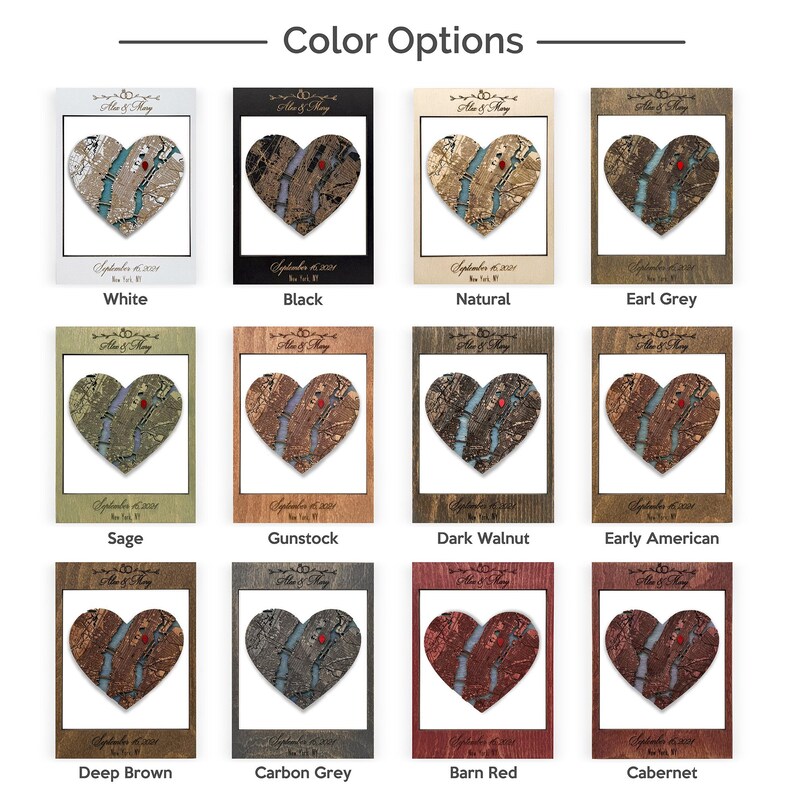 May include: A collage of 12 different wood heart-shaped plaques with a map of a city inside. The plaques are in various wood stains, including white, black, natural, earl grey, sage, gunstock, dark walnut, early american, deep brown, carbon grey, barn red, and cabernet.