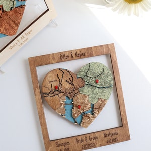 Hello Will You I Do Map, Three Locations Heart Puzzle Map Wooden Framed Wall Art, Newly Wed Gift, Wedding Anniversary Gift for Couple Unique EARLY AMERICAN