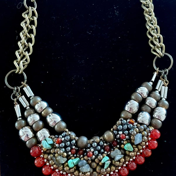 Pam Hiran Rare Anthropologie Gemstones & Brass Beaded Bib Collar Statement Necklace