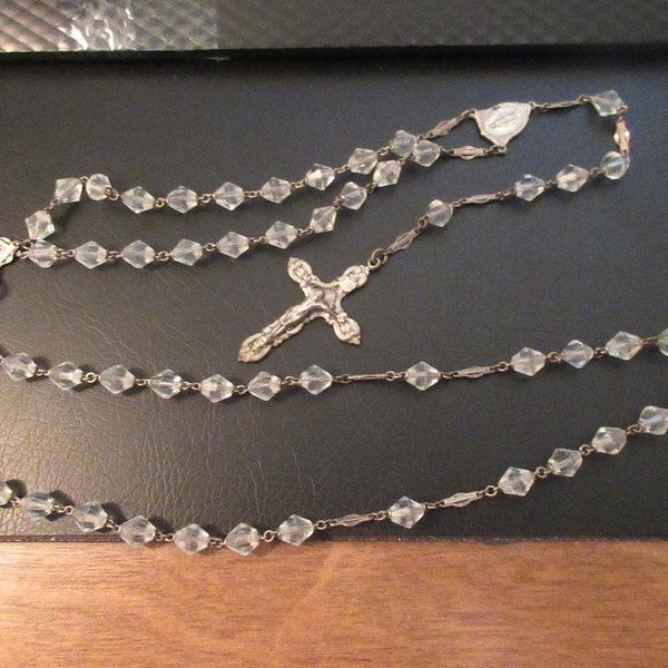 A27 antique old rosary crystal clear bead sterling RL cross Mary Sacre heart of Jesus 25.5" in long with leather bag year 1900 or older