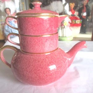 Service à thé empilable Royal Winton, 8 pièces, rouge moucheté, Grimwade, Angleterre.