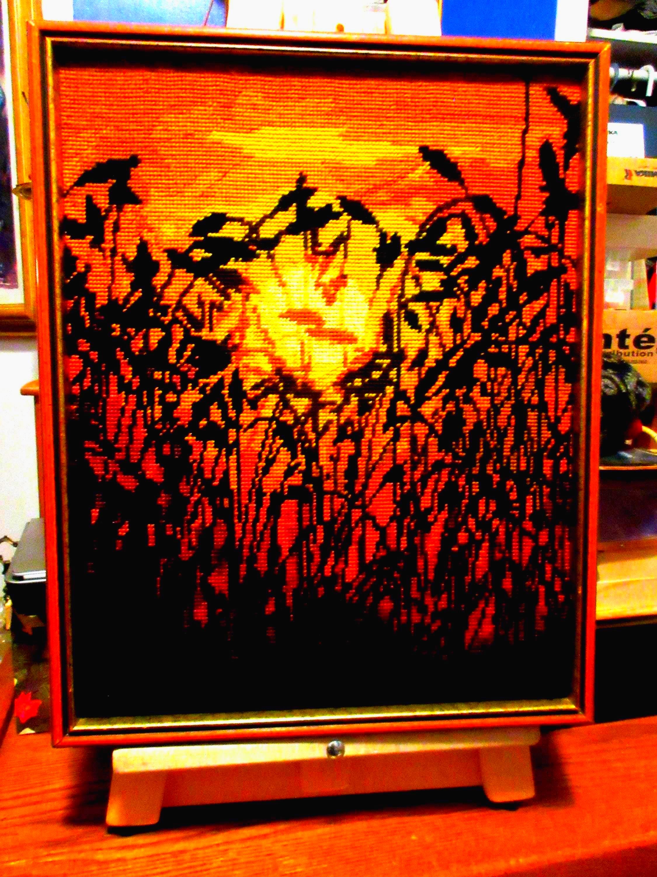 29A  vintage frame petit point un coucher de soleil wood frame 20 inches long 16 in wide