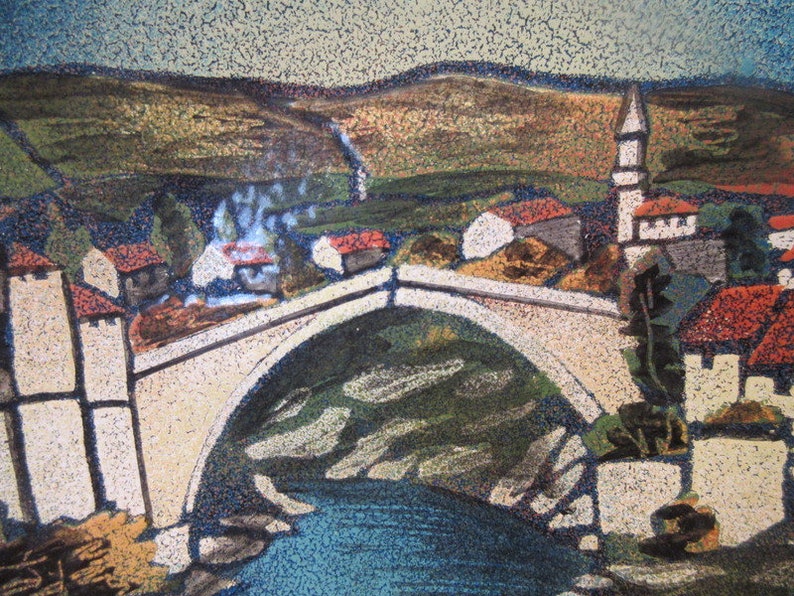 67 wall dish Enamel dish whouse and bridge Mostar dekor Zagreb Rucni rad Yugoslavia 9 in
