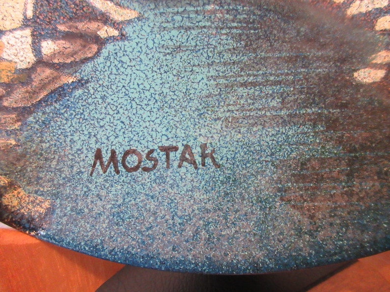67 wall dish Enamel dish whouse and bridge Mostar dekor Zagreb Rucni rad Yugoslavia 9 in