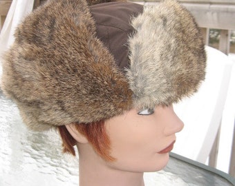 Mint Brown / Gray Opossum Fur & Fabric Hat Cap Women Woman  display picture 3