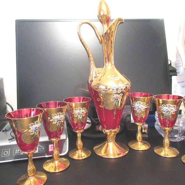 10 Moser Czech decanter 6 glass enamel gold bourbon wine new