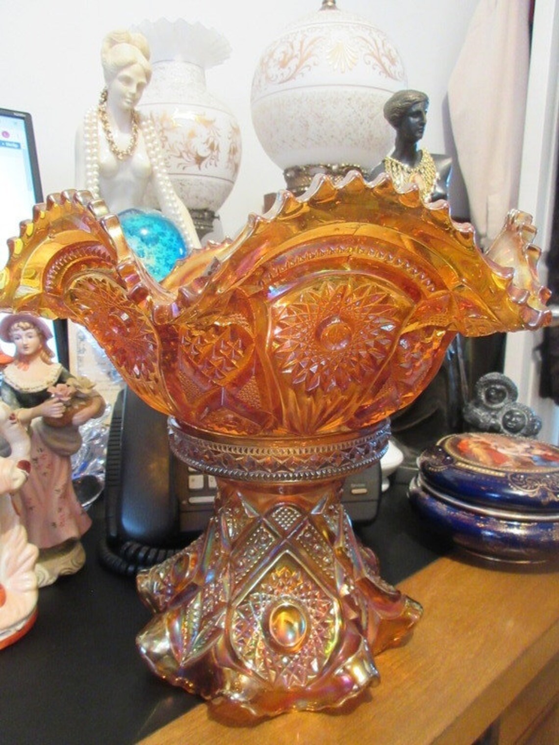 8 Carnival Imperial Marigold glass Hobstar punch bowl with Etsy