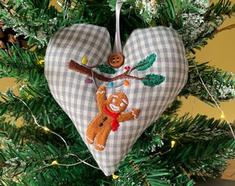 Embroidered Gingerbread Man Christmas Tree decoration - Handmade Hanging Heart