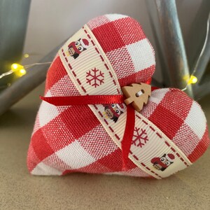 Handmade Fabric Christmas Heart Decorations Xmas tree decorations Red Rustic Gingham Fabric image 2