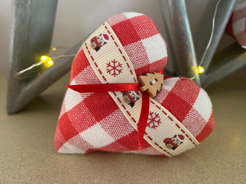 Handmade Fabric Christmas Heart Decorations Xmas tree decorations Red Rustic Gingham Fabric image 2