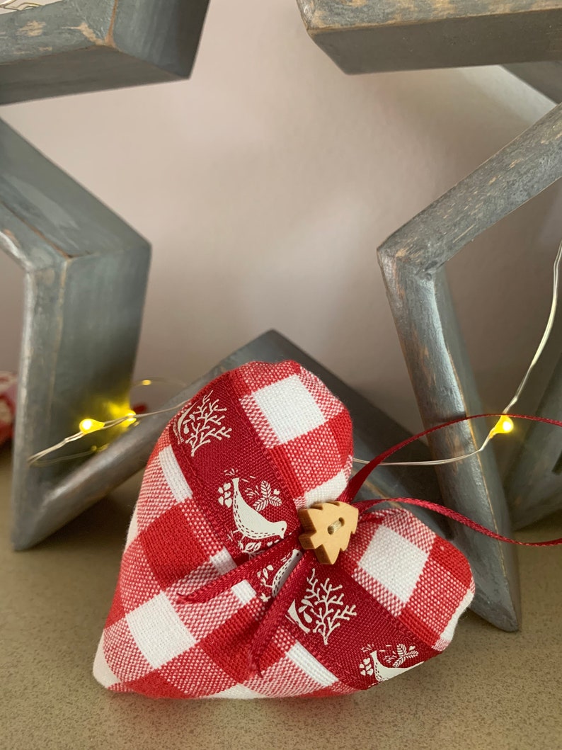 Handmade Fabric Christmas Heart Decorations Xmas tree decorations Red Rustic Gingham Fabric image 5