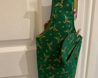 Handmade Christmas bottle gift bag and matching glass stem coaster - reusable eco friendly fabric  gift bag / gift wrap