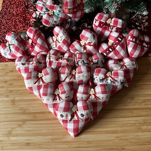 Handmade Fabric Christmas Heart Decorations - Xmas tree decorations - Red Rustic Gingham Fabric