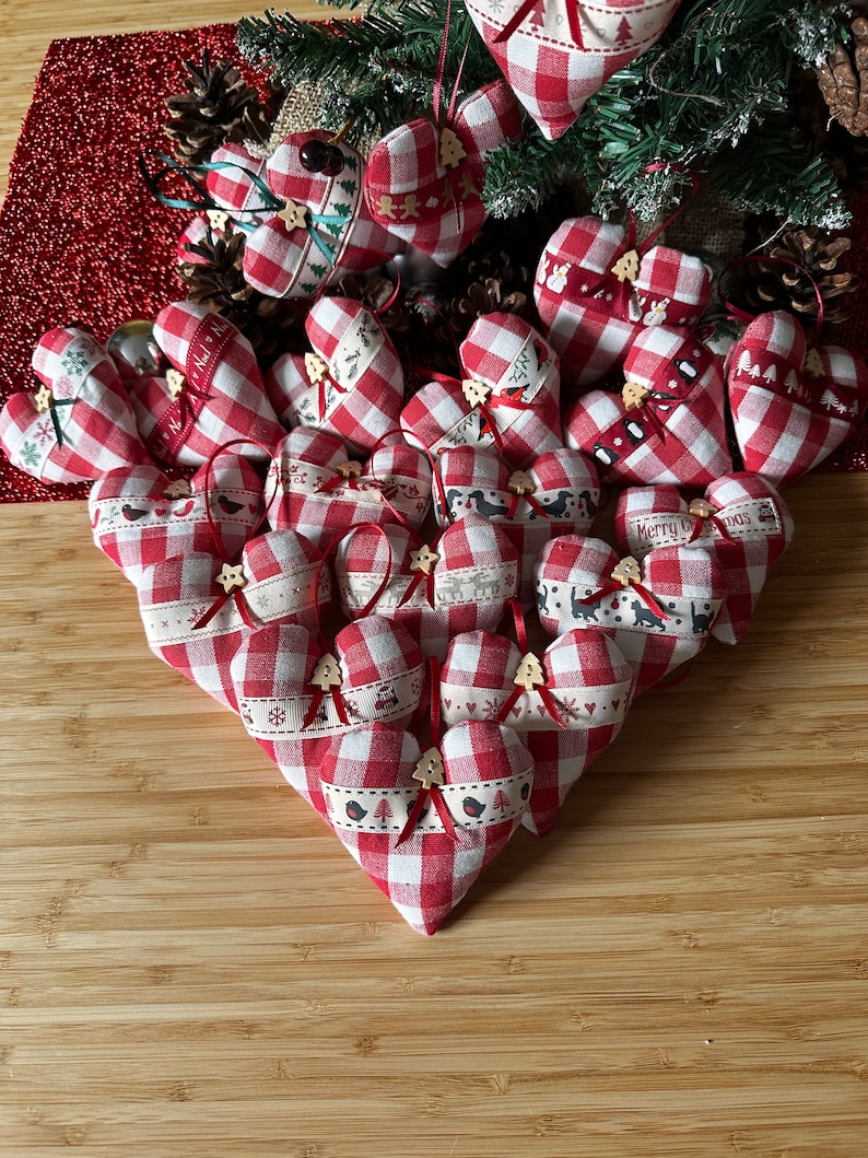 Handmade Fabric Christmas Heart Decorations Xmas tree decorations Red Rustic Gingham Fabric image 1