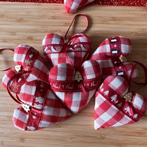 Handmade Fabric Christmas Heart Decorations - Xmas tree decorations - Rustic Gingham Fabric - Red
