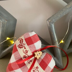 Handmade Fabric Christmas Heart Decorations Xmas tree decorations Red Rustic Gingham Fabric image 6