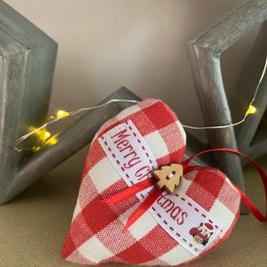 Handmade Fabric Christmas Heart Decorations Xmas tree decorations Red Rustic Gingham Fabric image 4