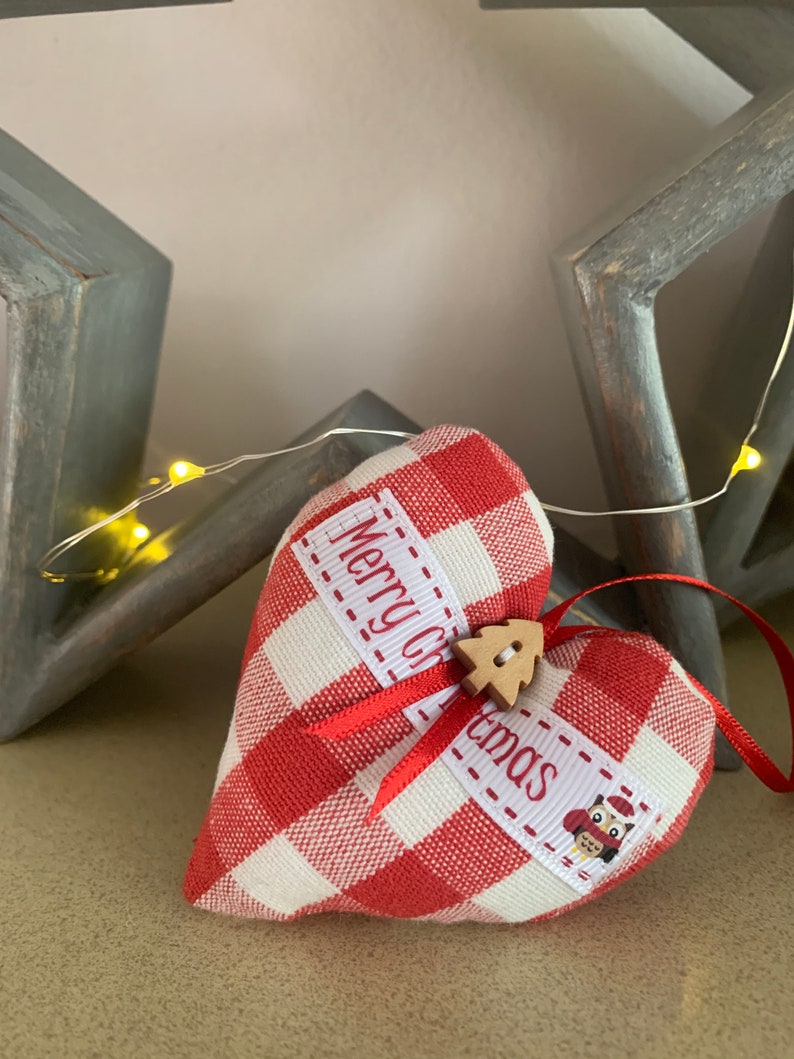 Handmade Fabric Christmas Heart Decorations Xmas tree decorations Red Rustic Gingham Fabric image 4