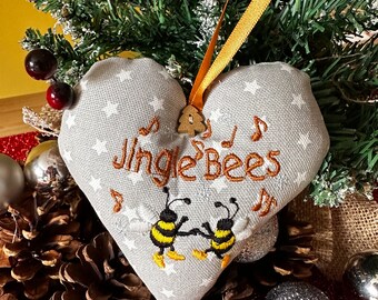 Embroidered Jingle Bees Christmas Heart Decoration - Handmade  Tree decoration silver / copper