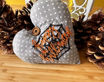 Embroidered Halloween Heart Decoration- Happy Halloween Spiders web design - fabric heart