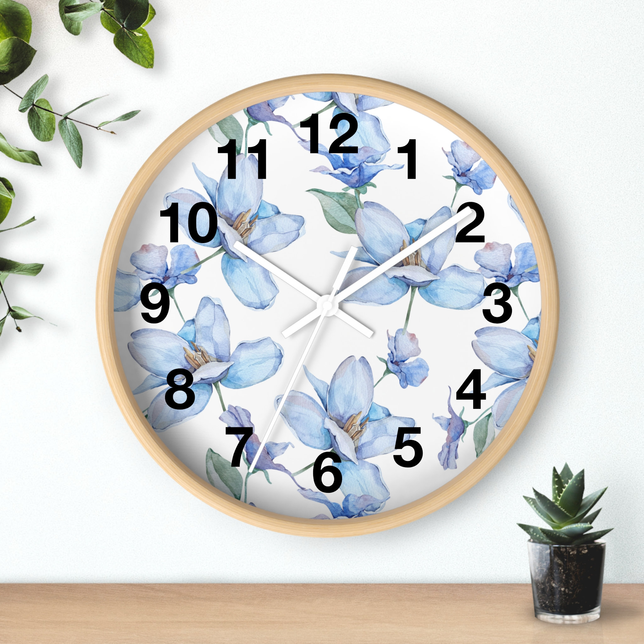 Floral Wall Clock, Blue Flowers, Floral Decor, Floral Home Decorations ...