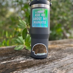 May include: A gray stainless steel travel mug with a sticker that says "Ask me about my manatee" and a website address. The sticker is iridescent and has a green and blue color scheme. There is a second sticker on the mug of a brown tortoise with the text "Gopher It!"