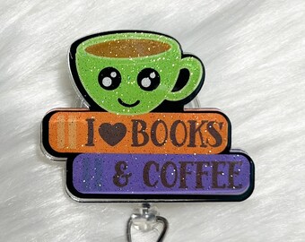 Love Coffee & Books Badge Reel, Librarian Badge Reel, Retractable Badge Reel, Interchangeable Badge Reel, Book Lovers Pin, Book Lovers Gift